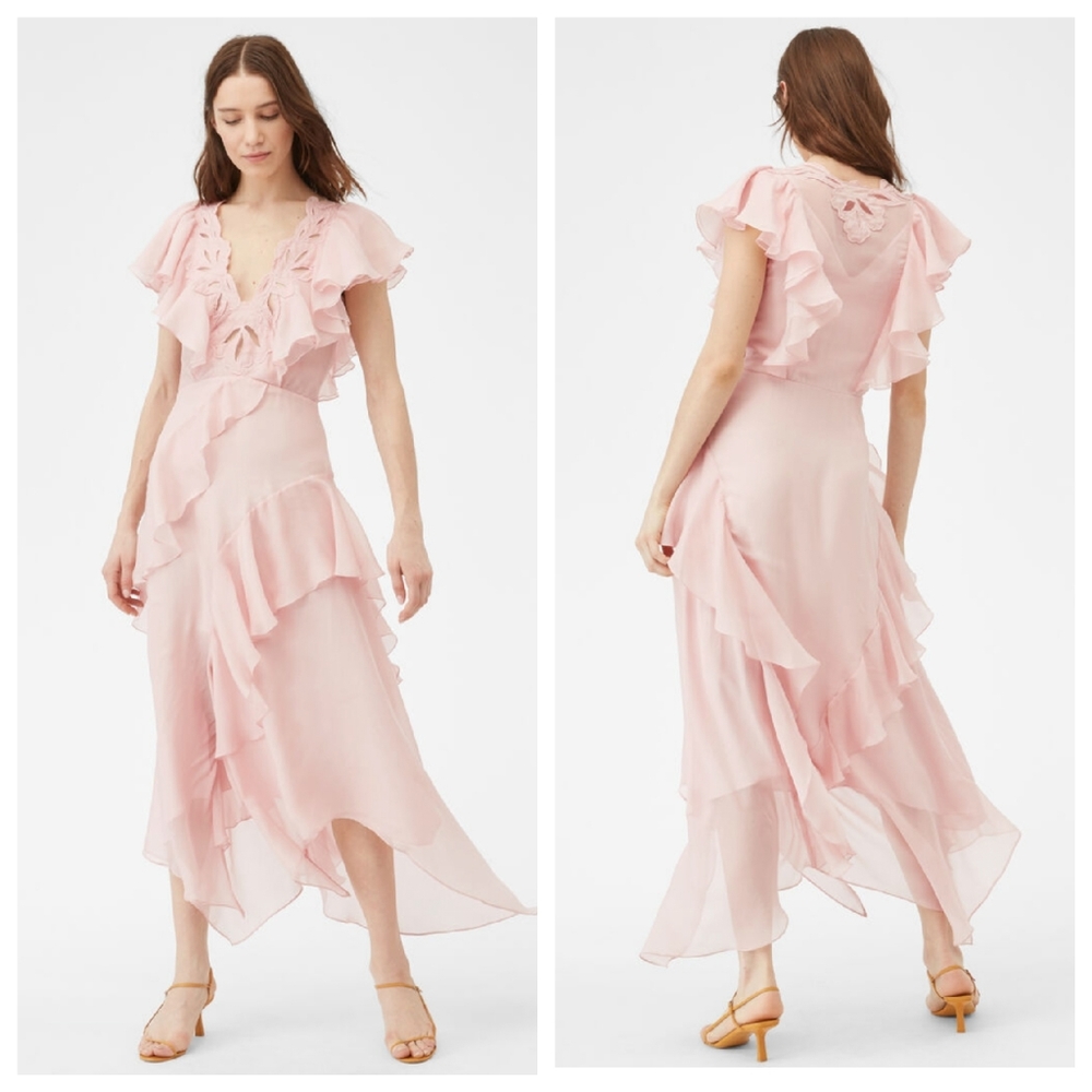 NEW REBECCA TAYLOR Hana Rose Quartz Pink Silk Applique Embroidered Midi Dress